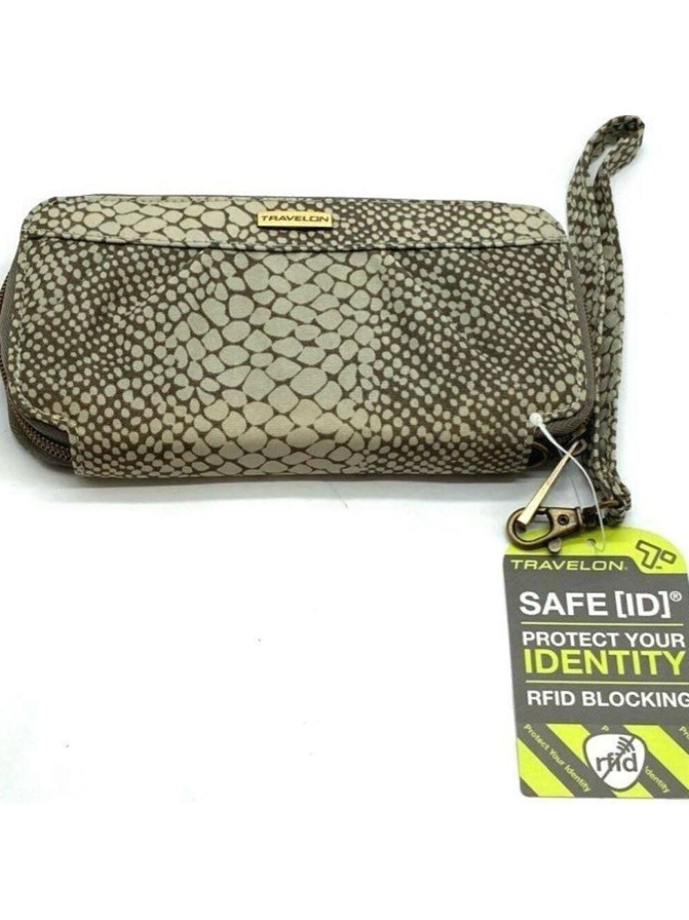 Travelon RFID Blocking Wristlet Travel Wallet Beige Animal Print Safety Id Zip
